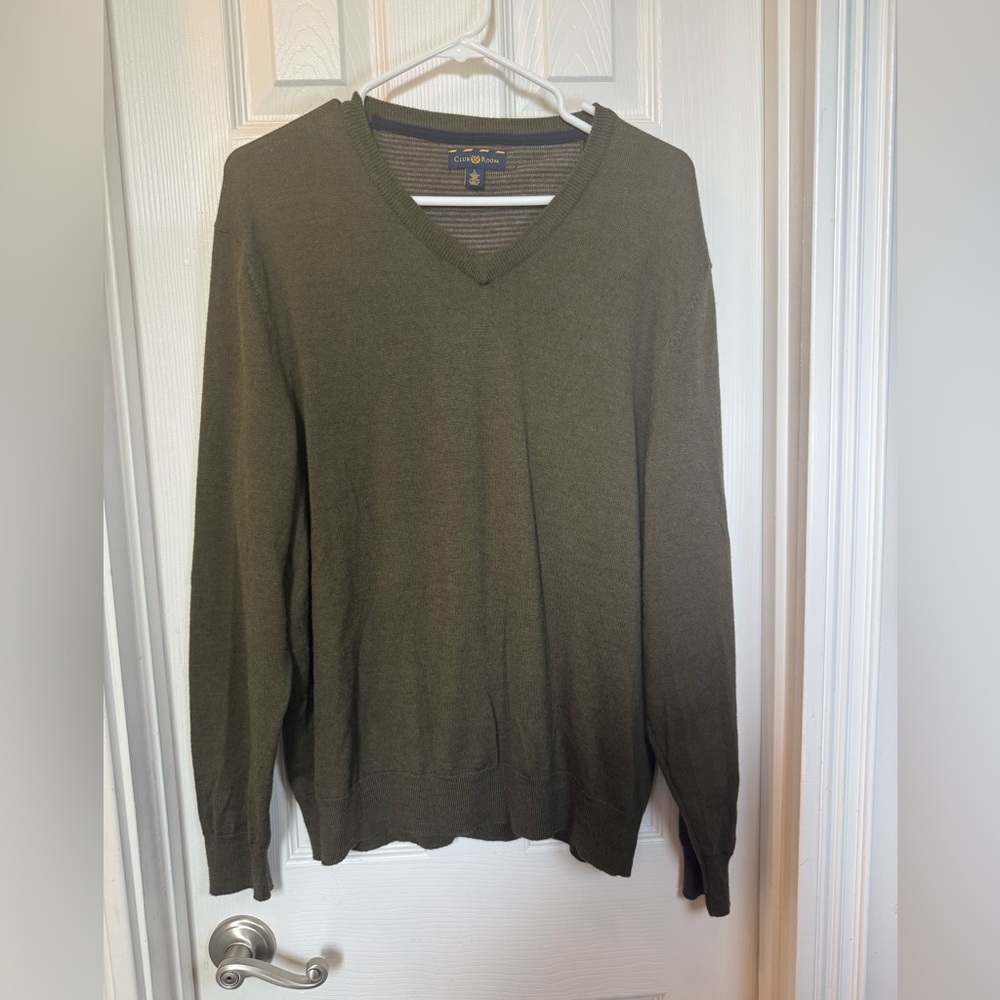 Fisherman Merino Wool Men's Italian-Spun Yarn V Neck Moss Green Long Sleeve